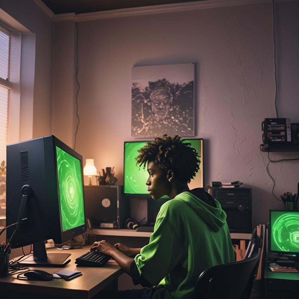 Teenager at Computer with Neon Lights, Digital Art