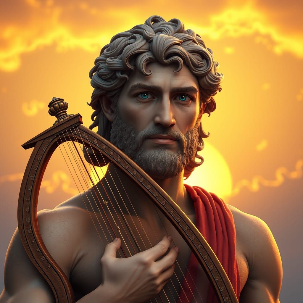 Apollo Greek God with Ancient Greek Lyre in Serene Sunset Hu...