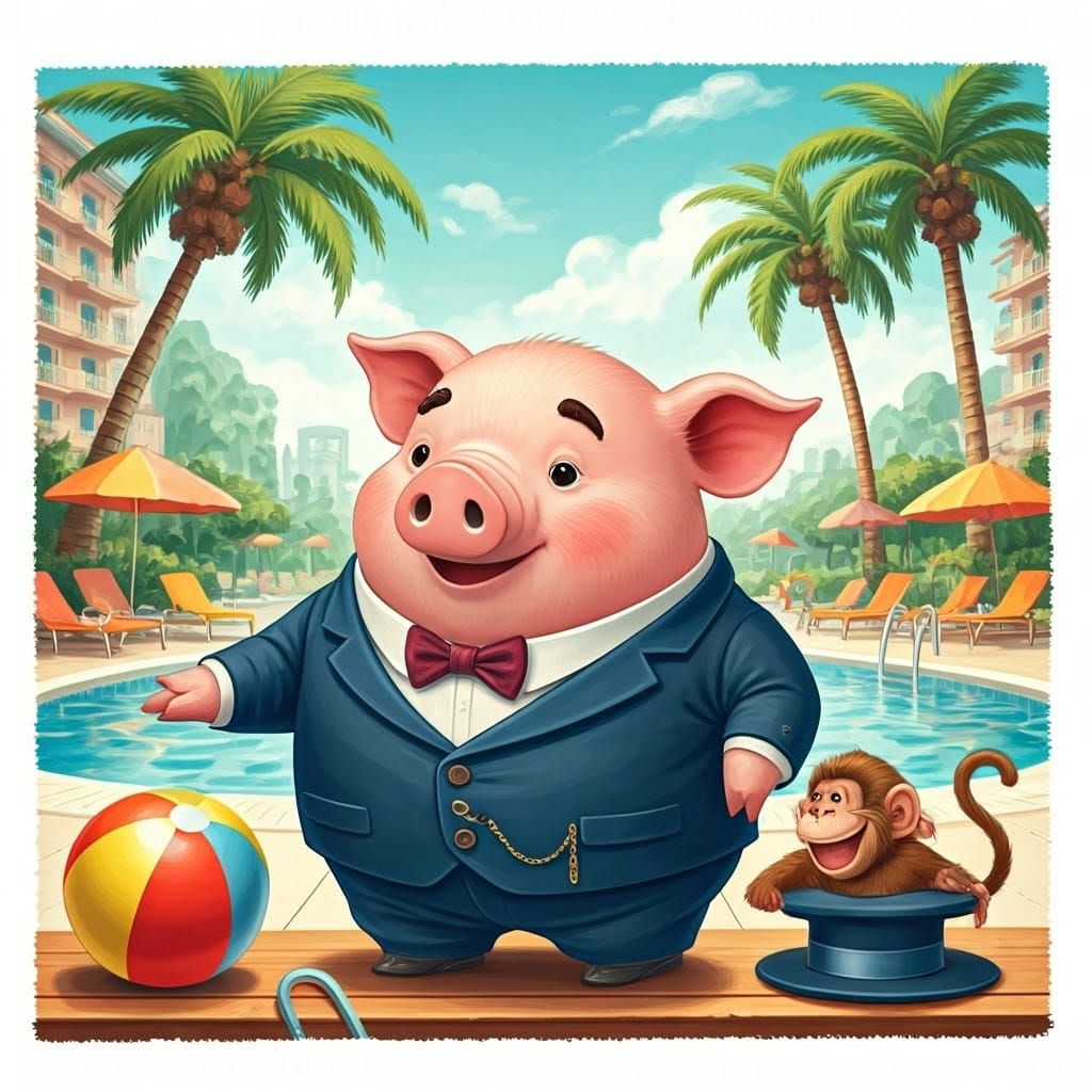 Dapper Pig and Monkey Friends Enjoy a Sunny Pool Day