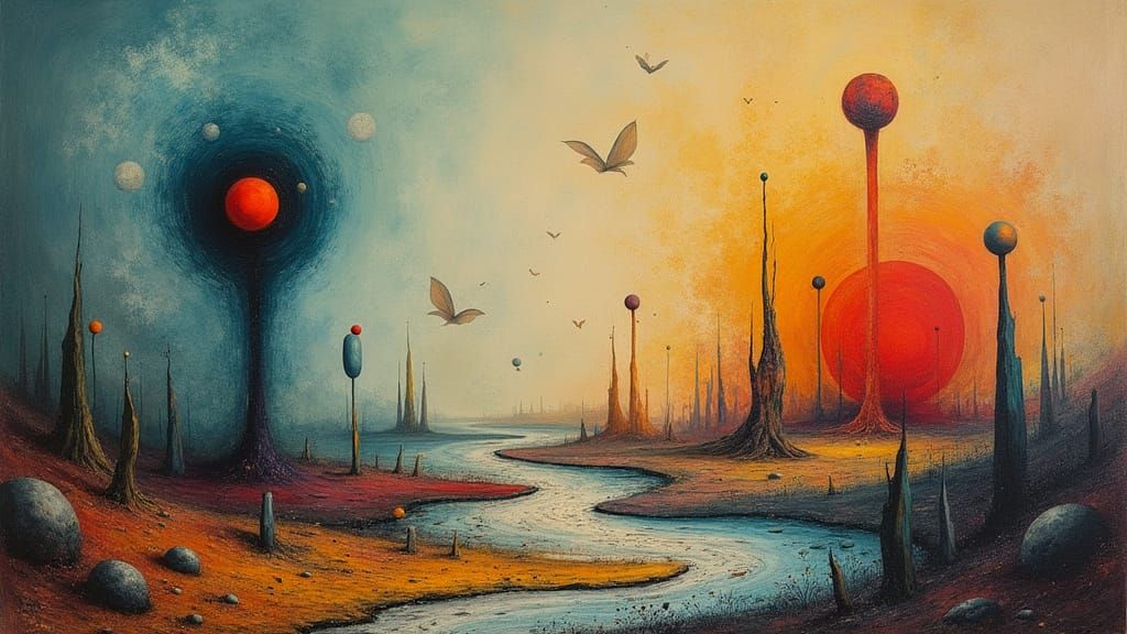 Dreamlike Biomorphic Landscape with Vibrant Colors and Mysti...