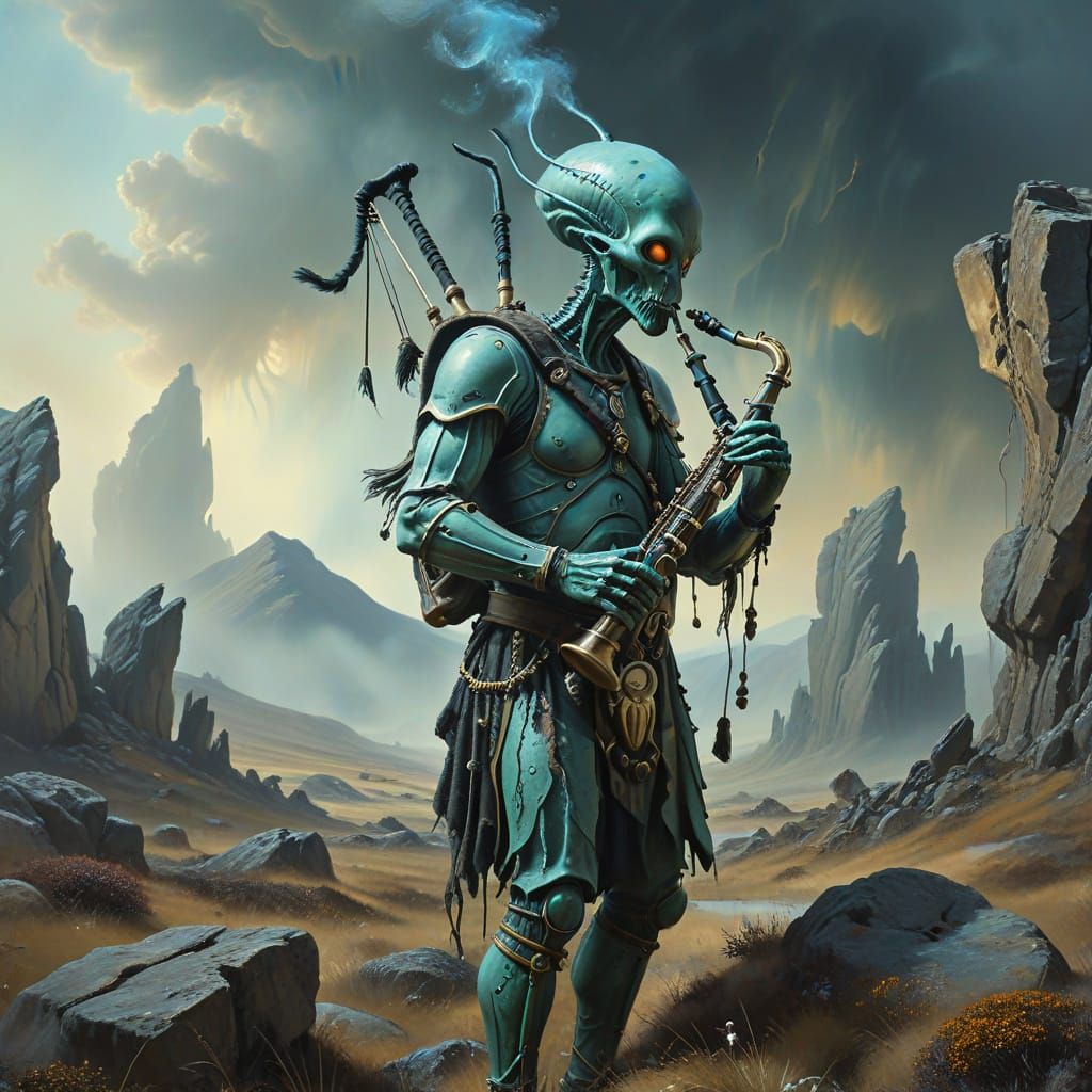 Alien Bagpiper in Ethereal Highland Dreamscape