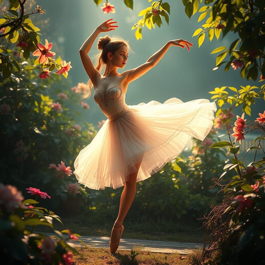 Ethereal Ballet Beauty in Vibrant Fantasy Landscape