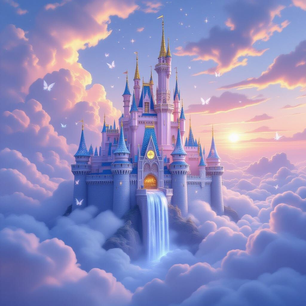 Ethereal Cloud Castle with Fairies in Romantic Style