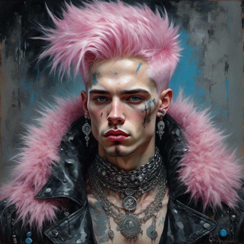 Punk Man with Pink Hair and Fur Collar