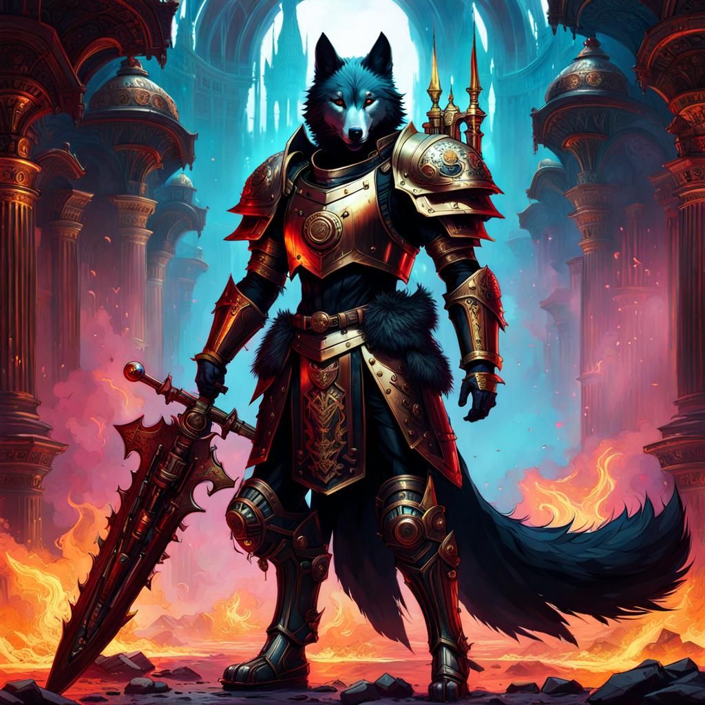 Wolf Knight in Ornate Armor, Steampunk Art