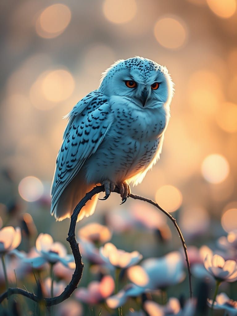 Snowy Owl in Vibrant Blue Meadow