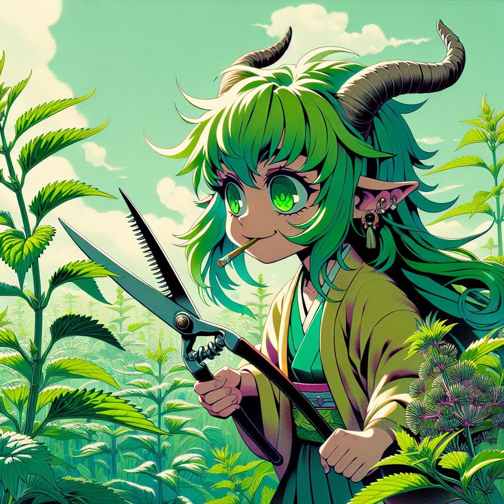 Anime Satyr Girl in a Field with Shears