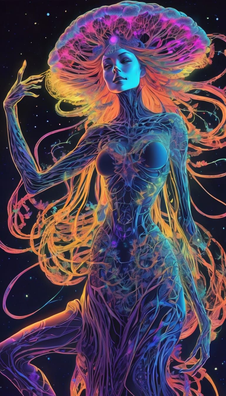 Fractal Fungal Catgirl Dancing in Starry Space