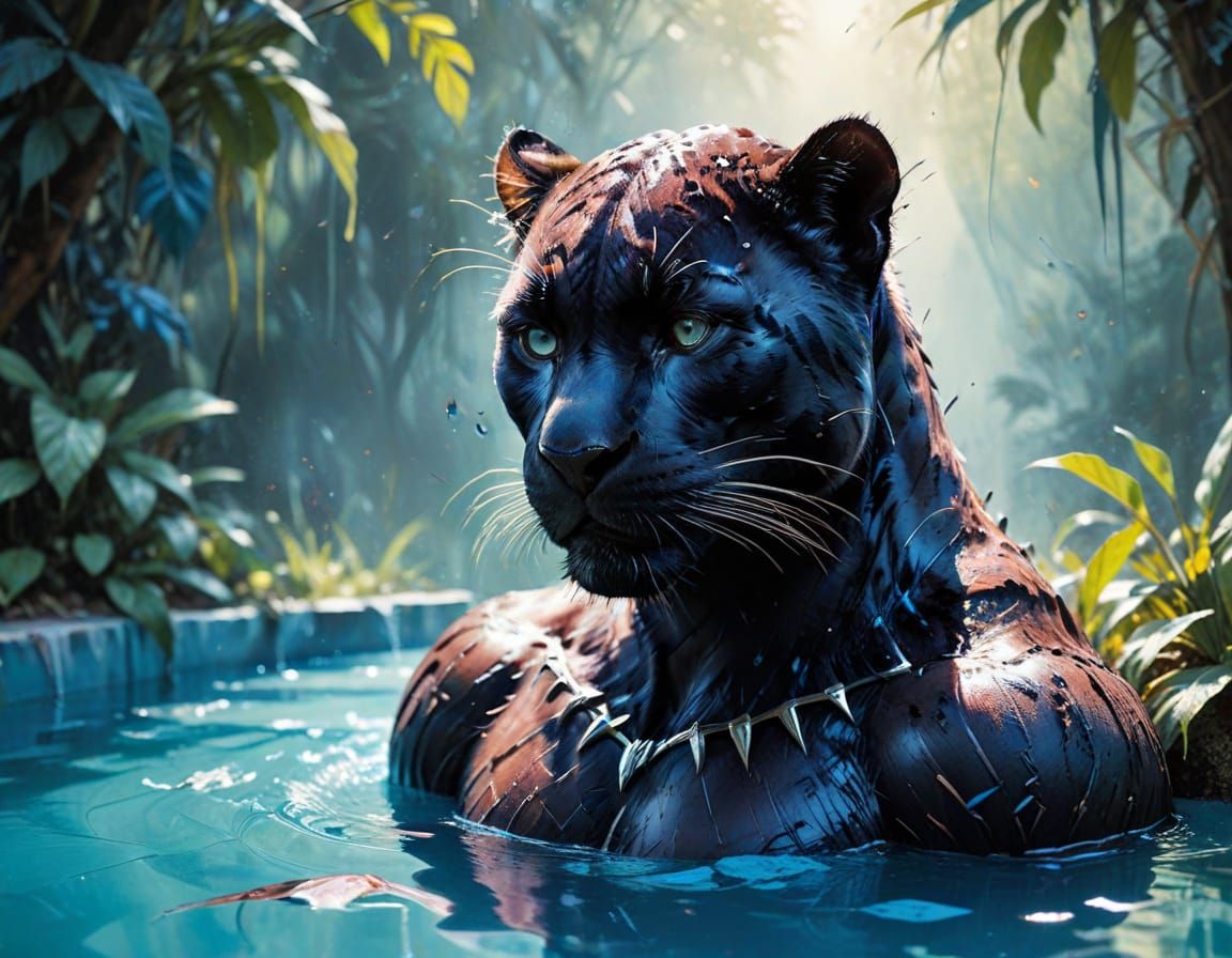 Black Panther Jungle Pool Neo-Impressionist Oil Painting