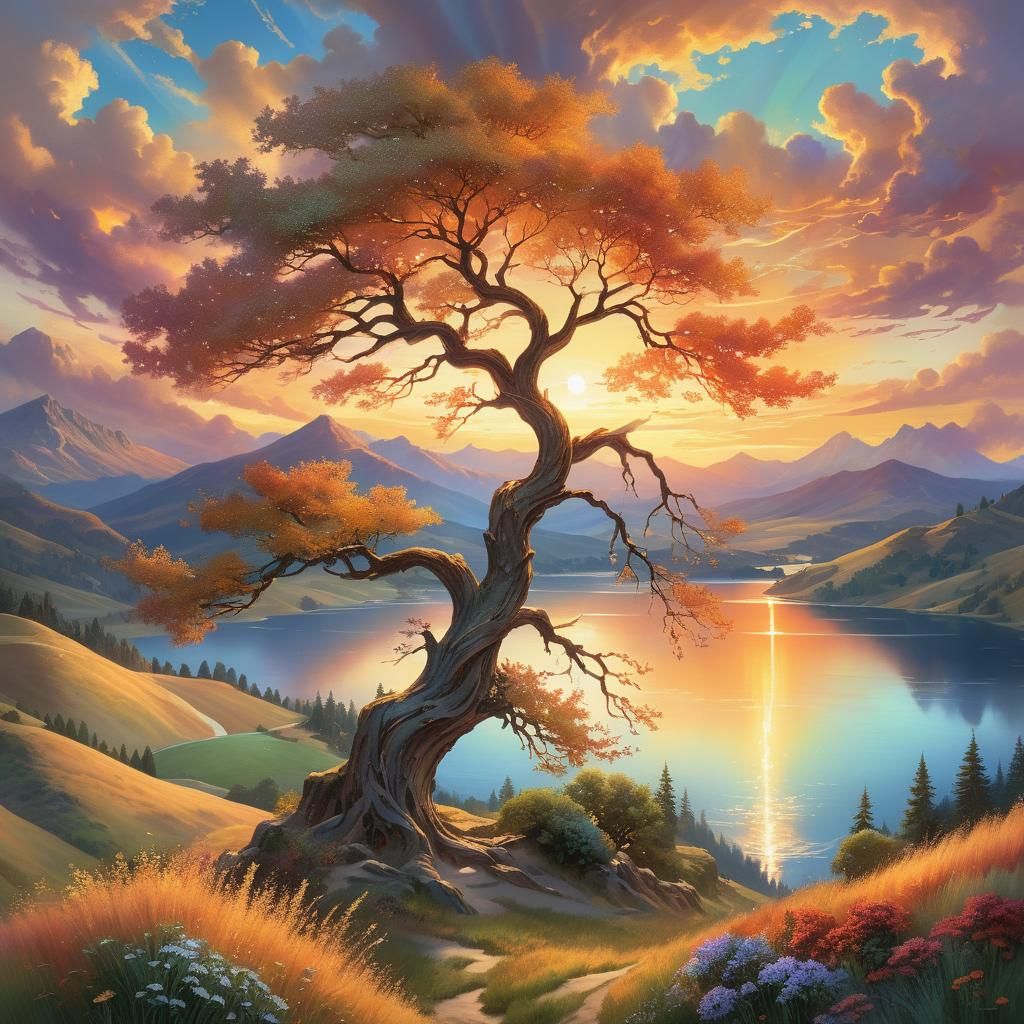 Ethereal Fantasy Landscape with Golden Grain