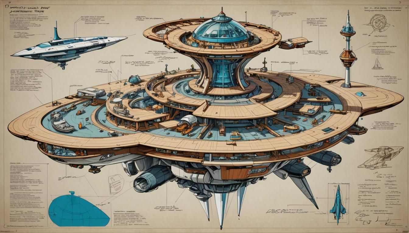space age spaceport complex, on a single slender pier, small...