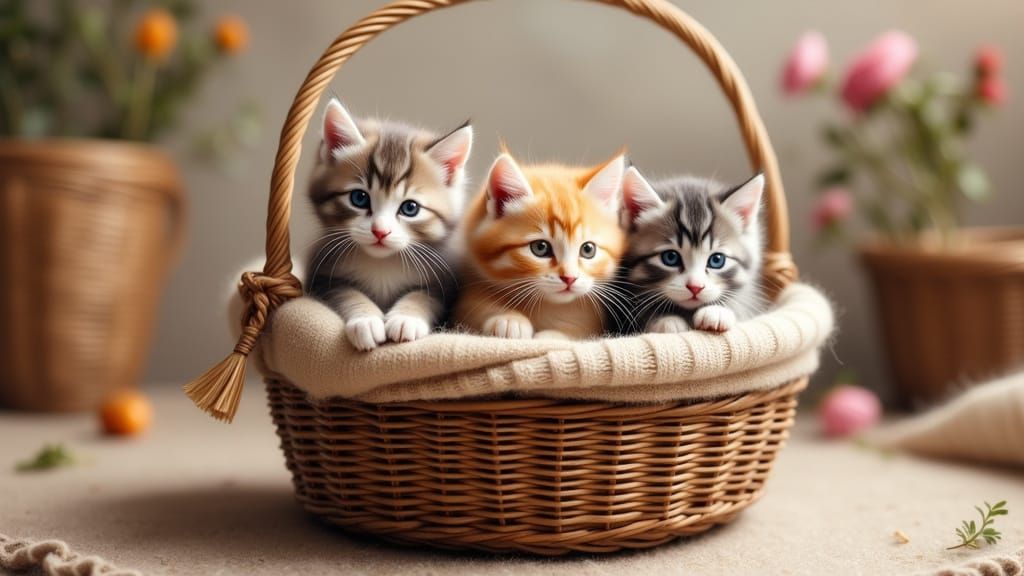 Vintage Whimsical Kittens in a Wicker Basket