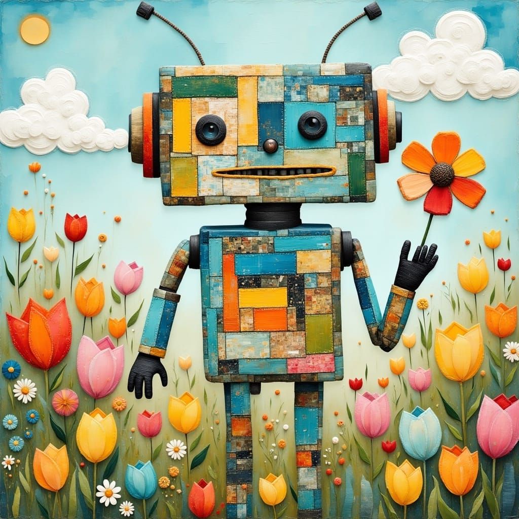Patchwork Robot in Spring Garden Illustration