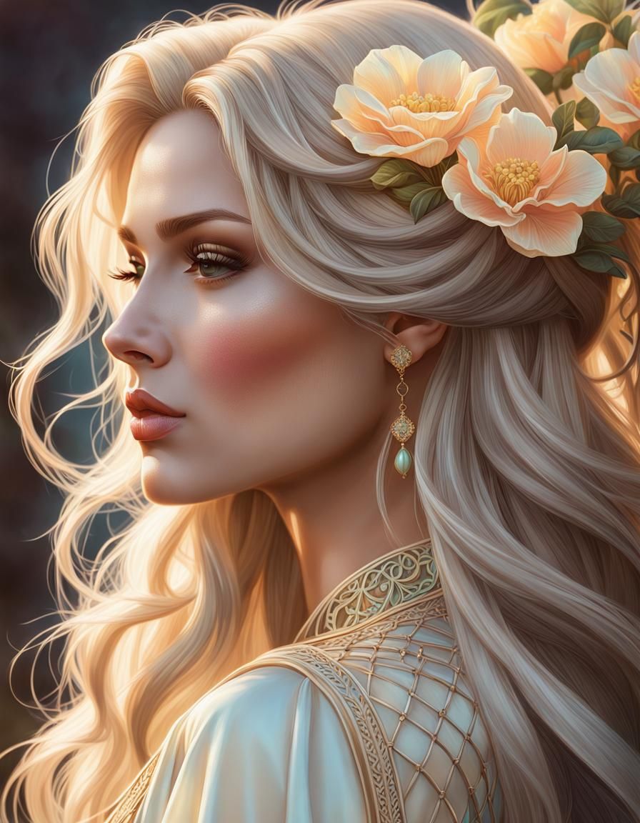 Close up profile of beautiful girl with long sandy hair. There are e gorgeous and intricately detailed pale pastel yello...
