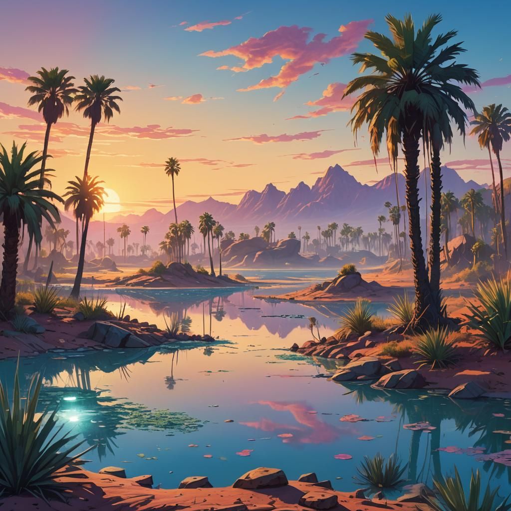 Fantastical Desert Oasis with Crystal Clear Pond in Vibrant....