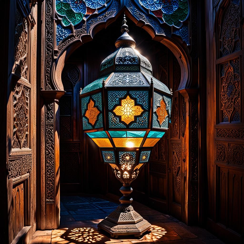 A stained-glass Moroccan lamp.