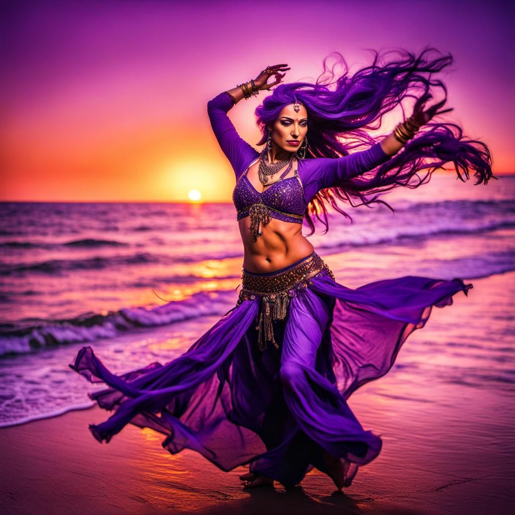 Purple Haired Belly Dancer at Sunset