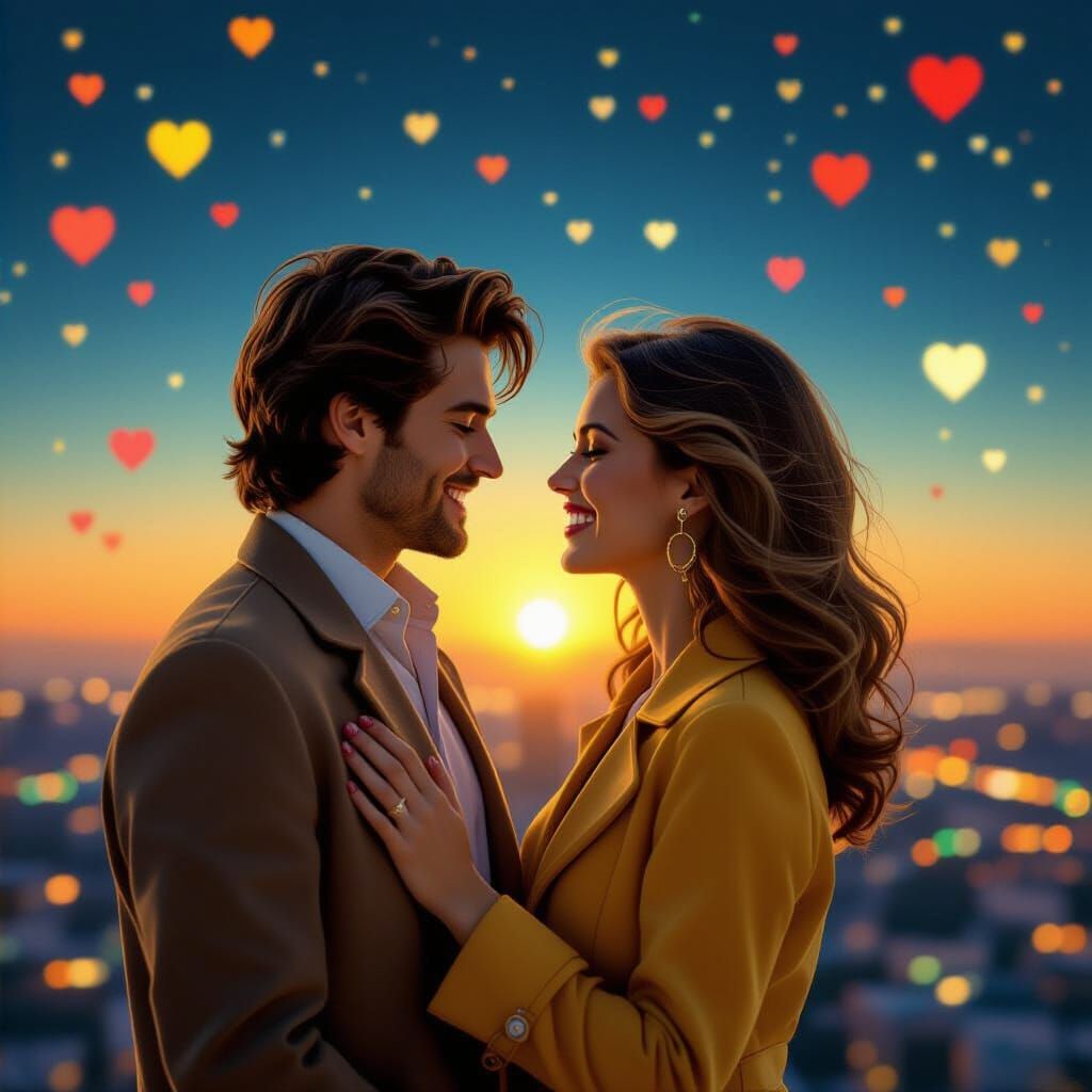 Lovers Flirting with Hearts in 1970s Cyberpunk Style