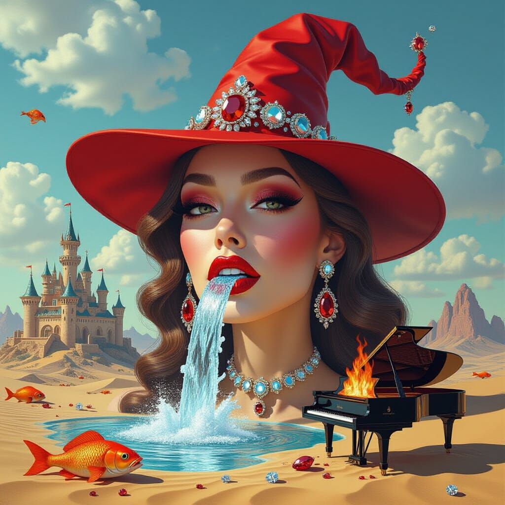 Surreal Witch Mouth Pours Jewels in Desert Dreamscape
