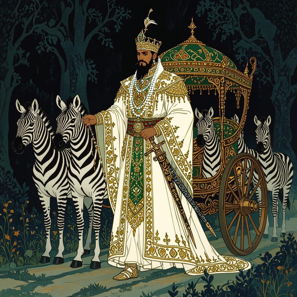 Lord of Tartary in Beaded Robe Boards Zebra-Drawn Chariot