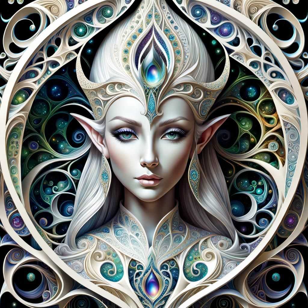 Mythical Elven Portrait with Abstract Fractal Frame