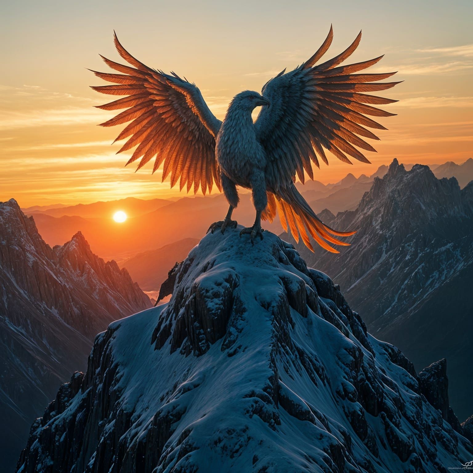Griffin Perched on Snowy Mountain Peak at Sunrise