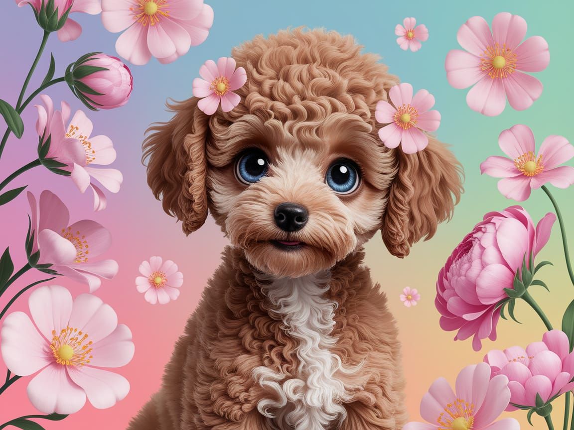 Whimsical Brown Poodle Puppy in Kawaii Digital Art
