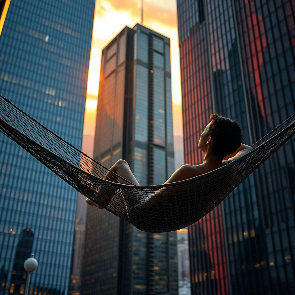 Hammock Between Skyscrapers: Hyper-Realistic Urban Serenity