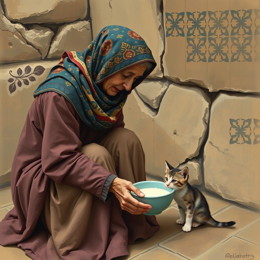 Elderly Woman and Kitten in Pastel Hues