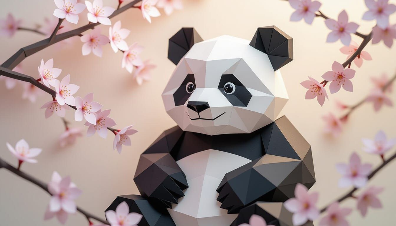 (Kirigami:2.0) depiction of a beautiful panda, cherry blossoms in background, everything is made of cut and folded paper...