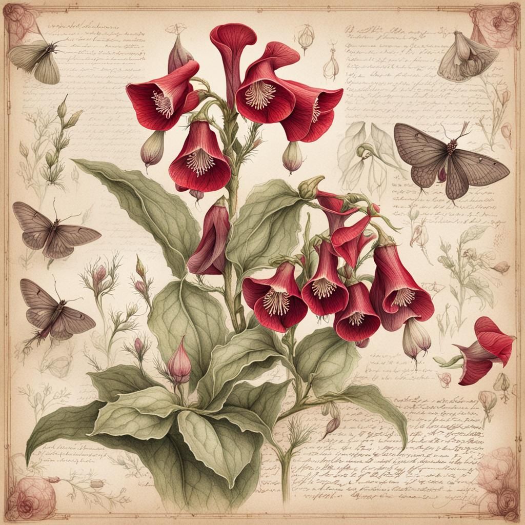 Detailed Vintage Botanical Sketch of Digitalis Purpurea