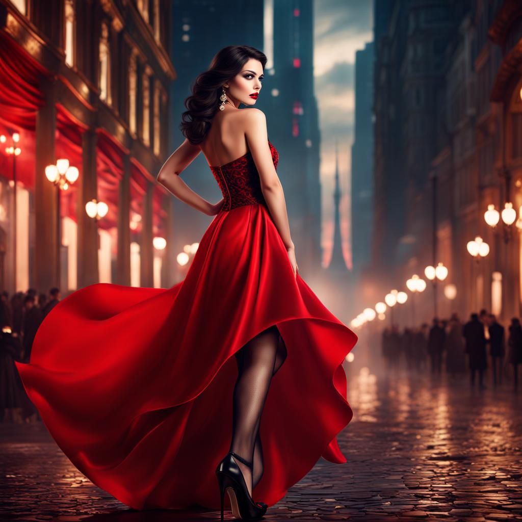 Elegant Polish Woman in Red and White Dress