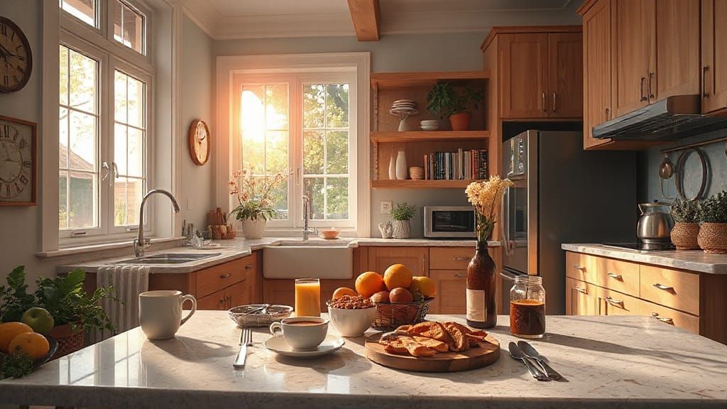 Vibrant Cosmic Breakfast Illustration in Beautiful Kitchen