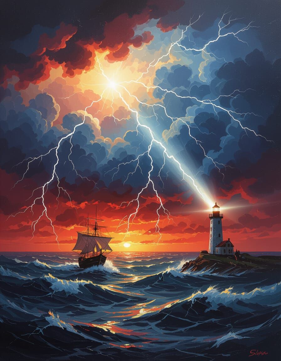 Stormy Sea Painting with Lighthouse and Lightning