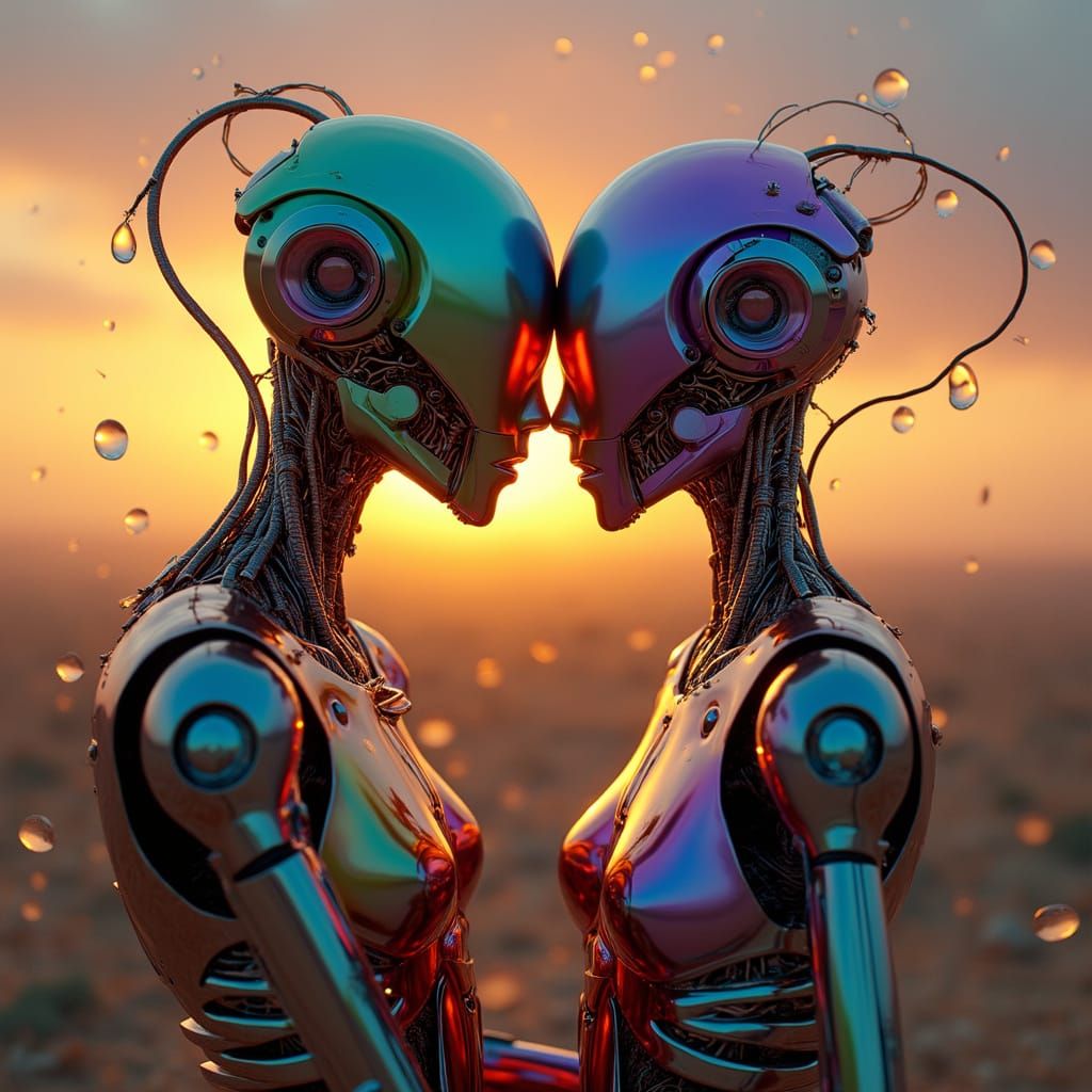 Humanoids Embrace in Rainbow Teardrops, Biomechanical Aesthe...