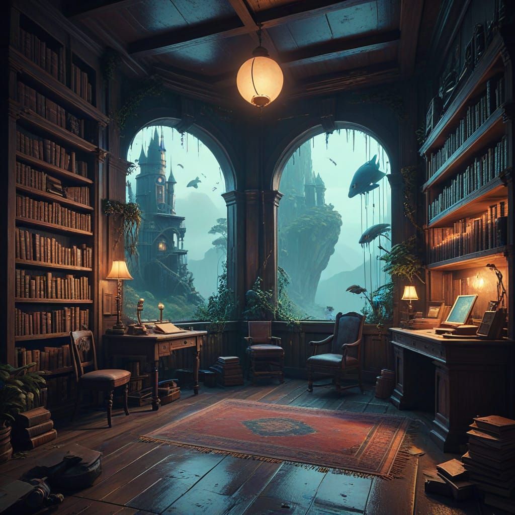 Ethereal Ghibli-Inspired Library with Dreamy Atmosphere