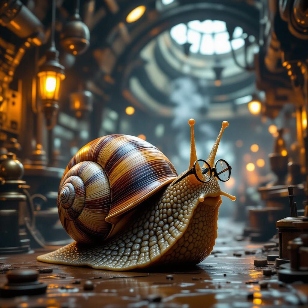 Wise Old Snail Contemplating Mysteries in Steampunk Space Po...