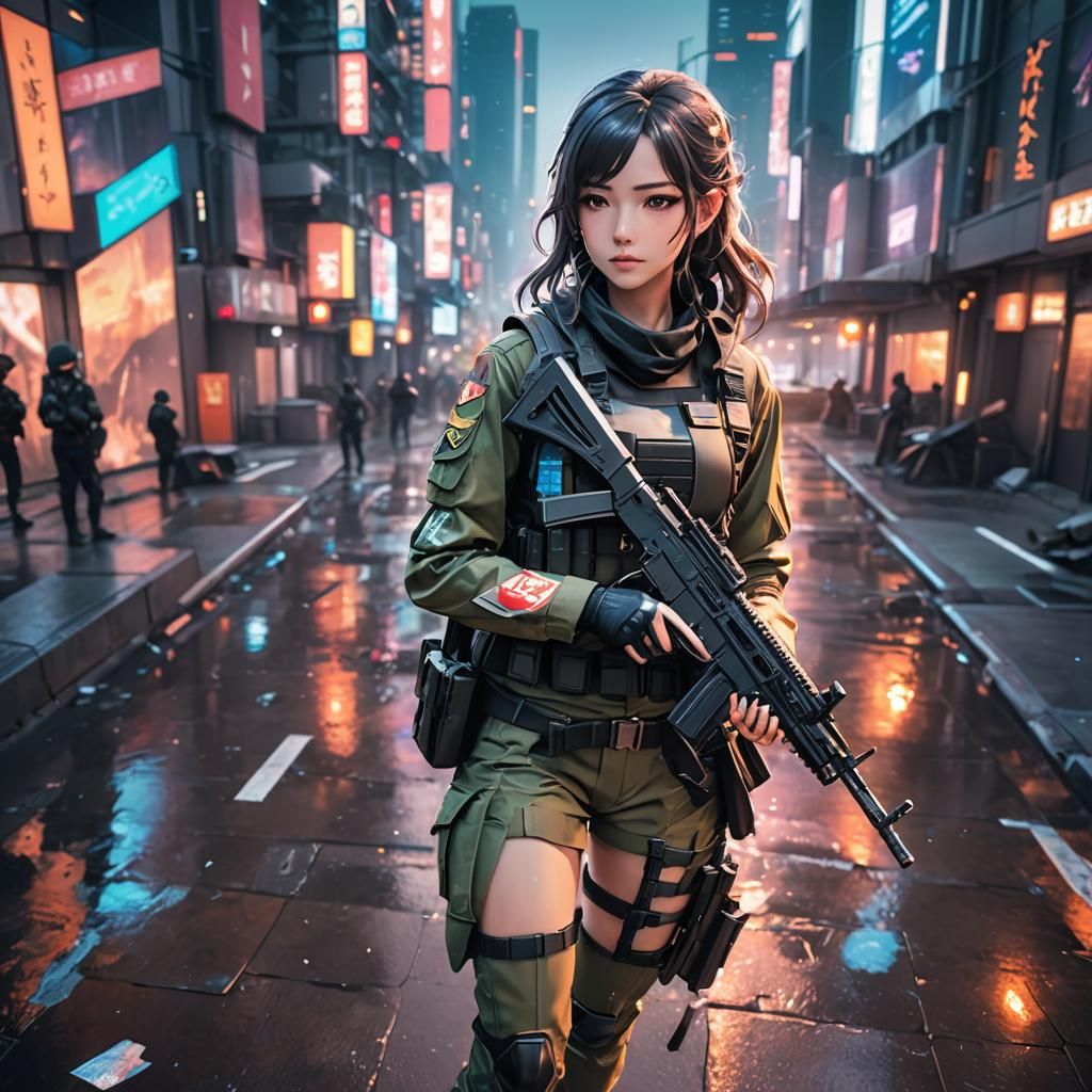 Anime Girl in Futuristic Battlefield, 3D Art