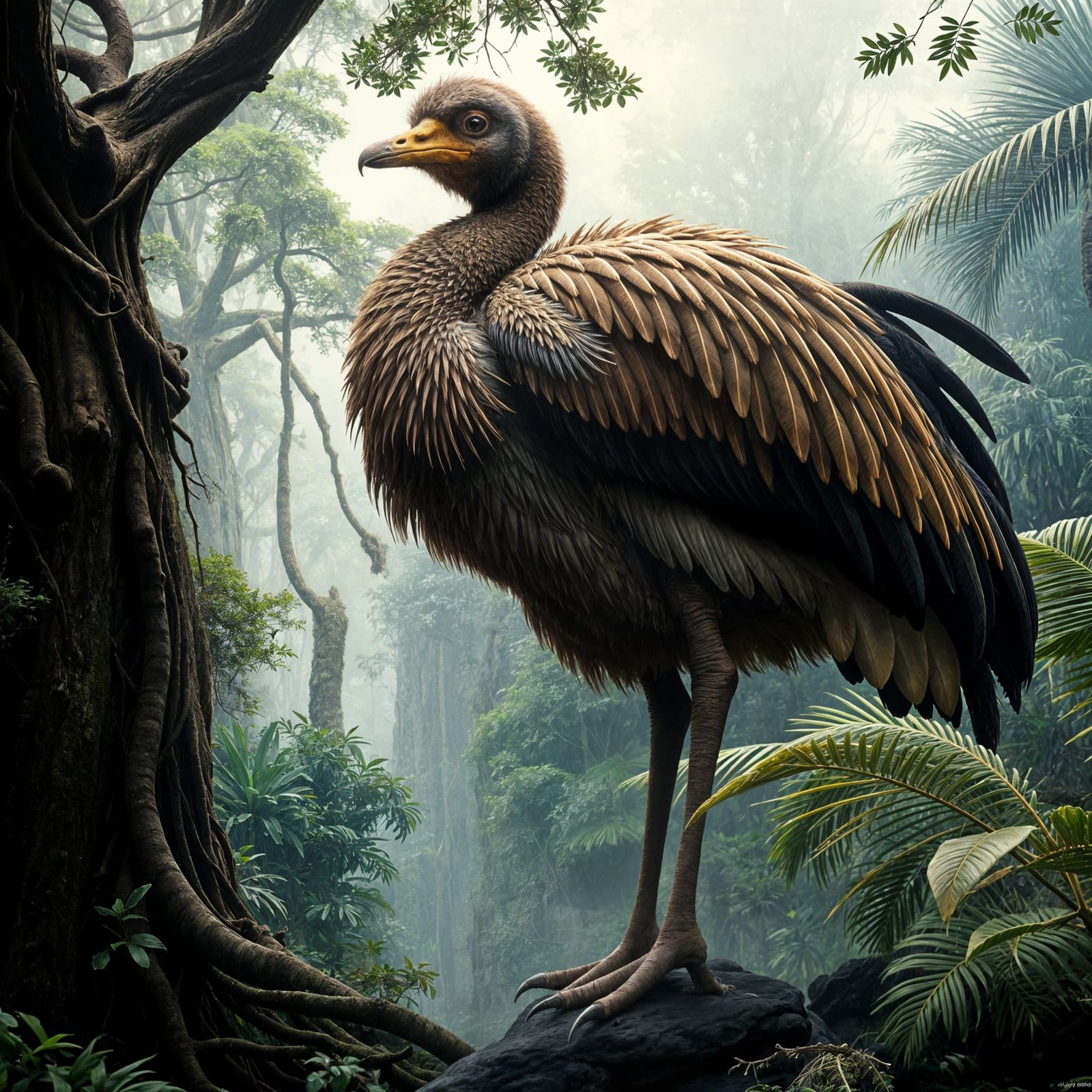 Giant New Zealand Moa Bird Roams Rainforest