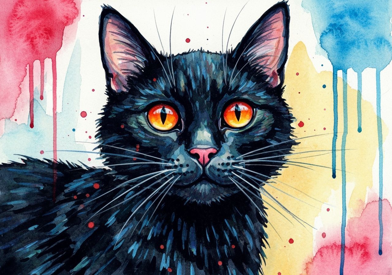 Whimsical Watercolor Cat With Orange Eyes