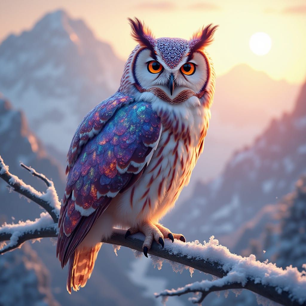 Majestic Iridescent Owl Perched on Snowy Mountain Branch