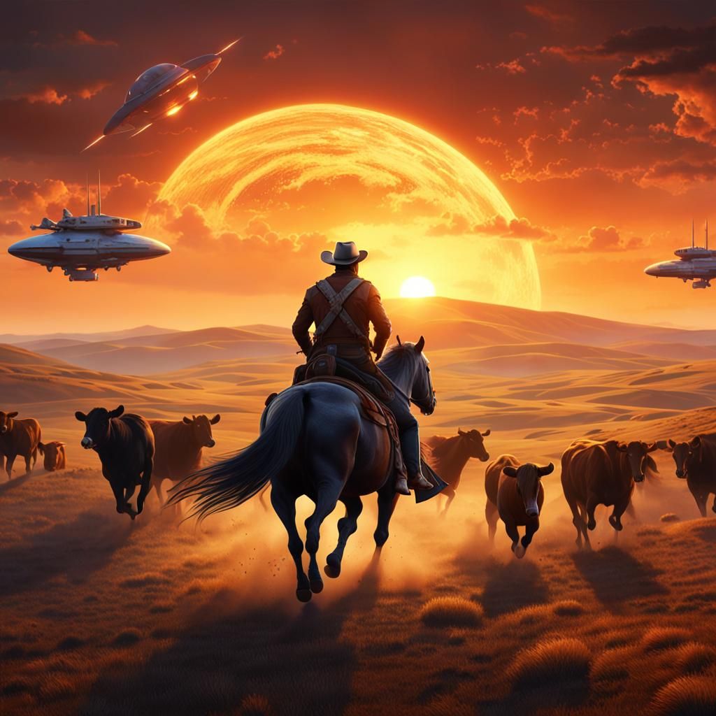Cowboy Herding Cattle with Spaceship: Fantasy Concept Art