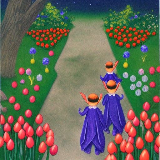 elves in tulips garden at midnight