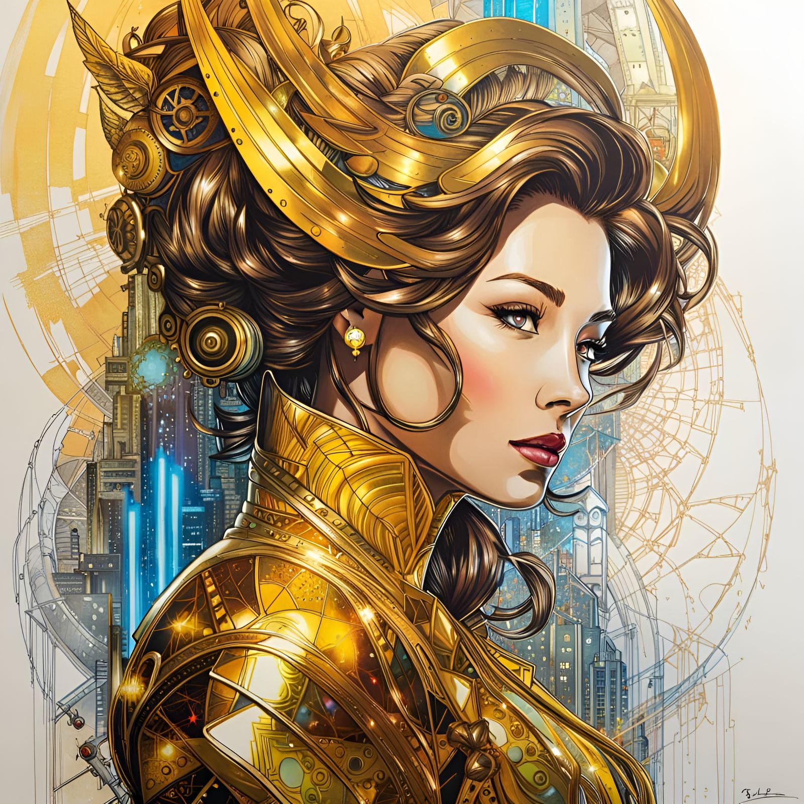 Cyberpunk Princess Belle with Silver and Gold Outlines