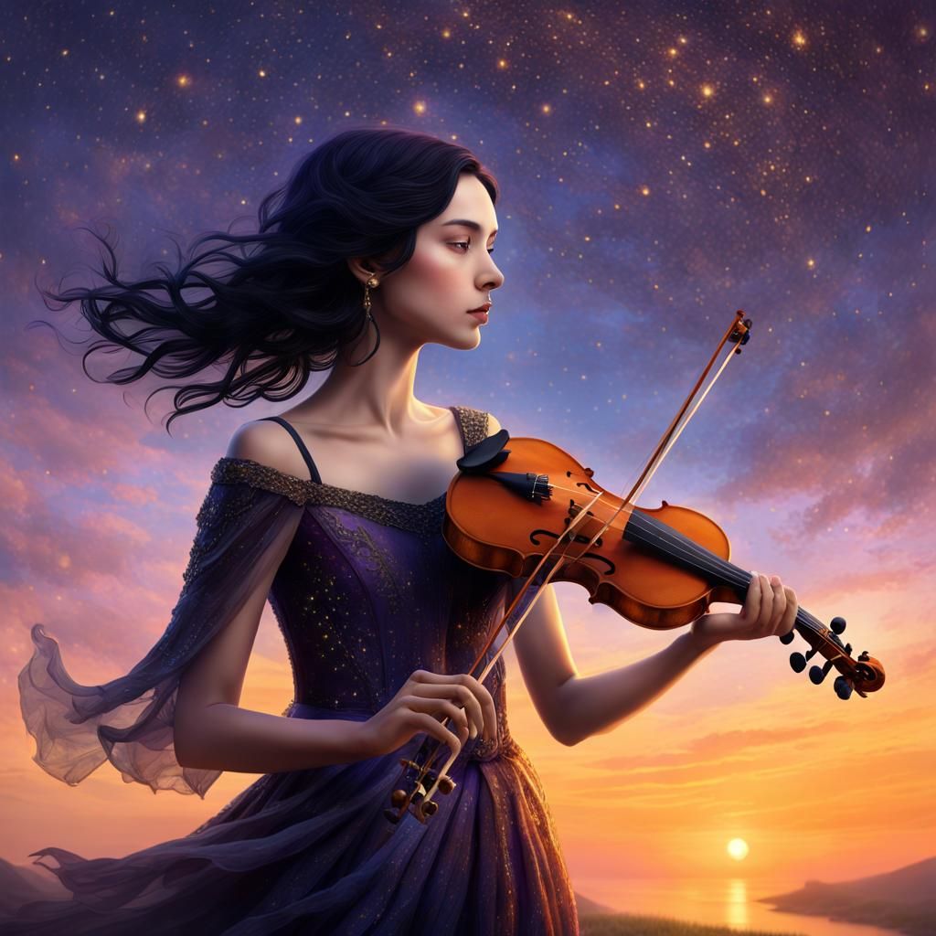 Ethereal Woman with Violin at Twilight