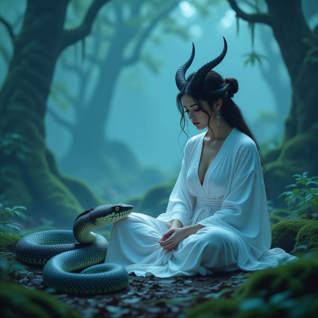 Mystical Woman with Horned Snake in Digital Art