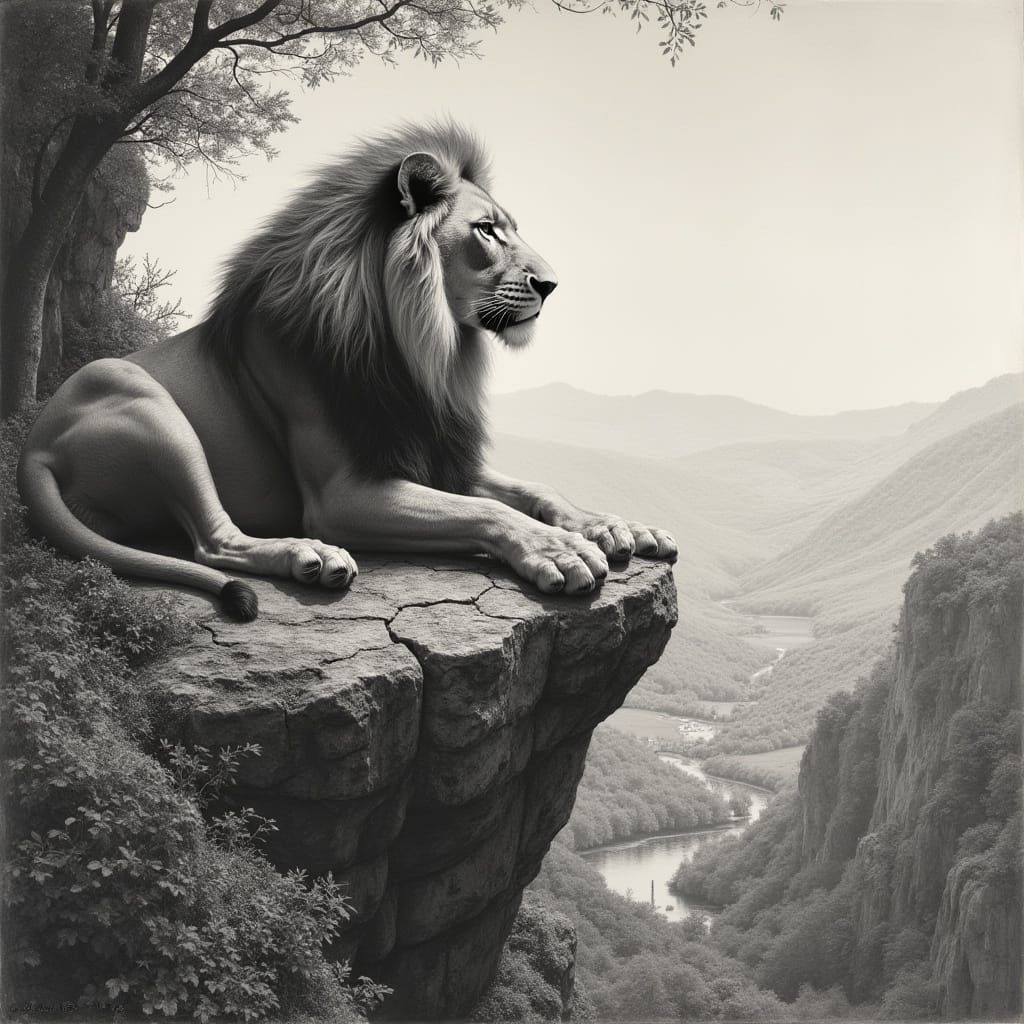 Renaissance Lion in Charcoal Drawing Style