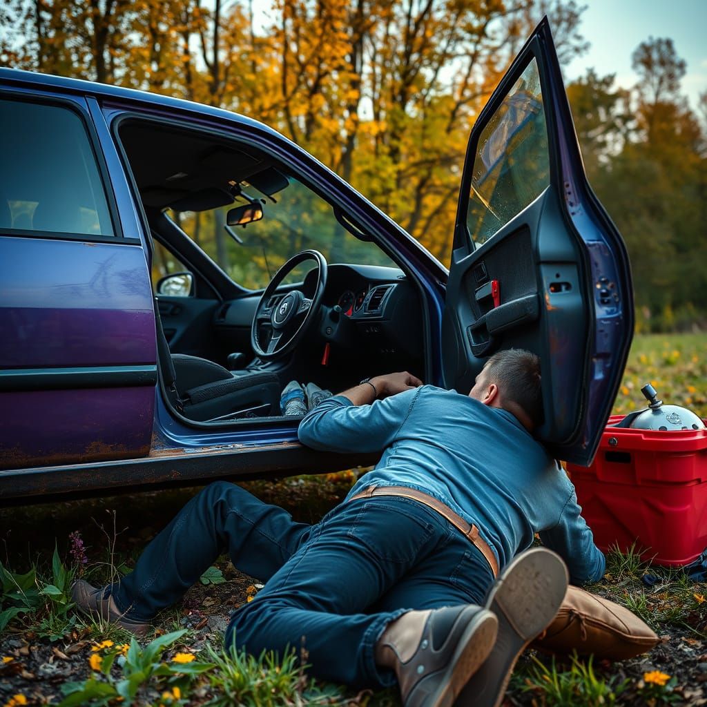 Driver Repairing Car with Positive Vibes
