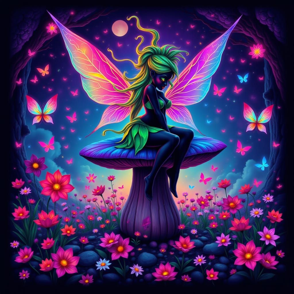 Psychedelic Tinkerbell on Giant Mushroom in Vibrant Colors