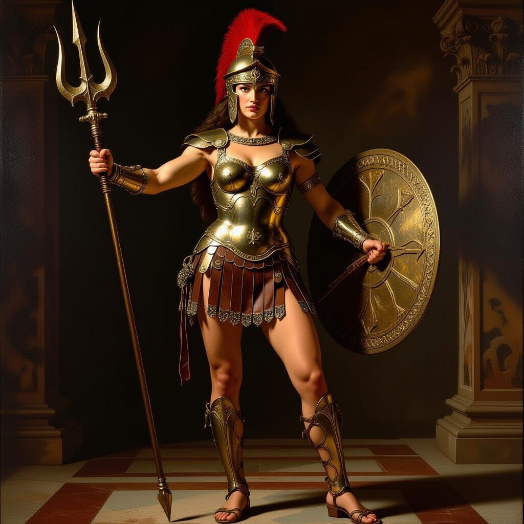 Renaissance Gladiatrix Holding Trident and Net in Michelange...